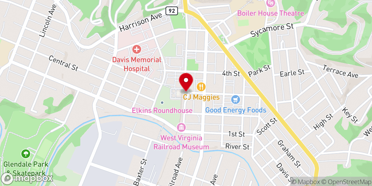 Map showing location of Elkins Depot Welcome Center