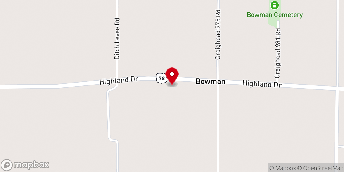 Map showing location of Bowman Baptist Church
