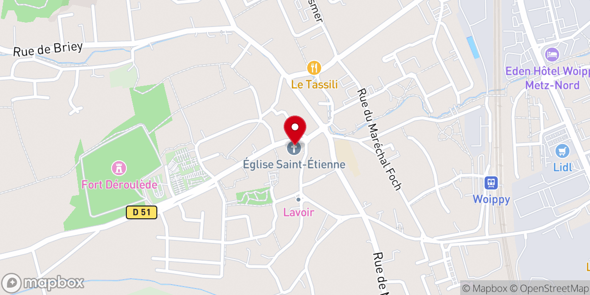 Map showing location of Église Saint-Étienne de Woippy