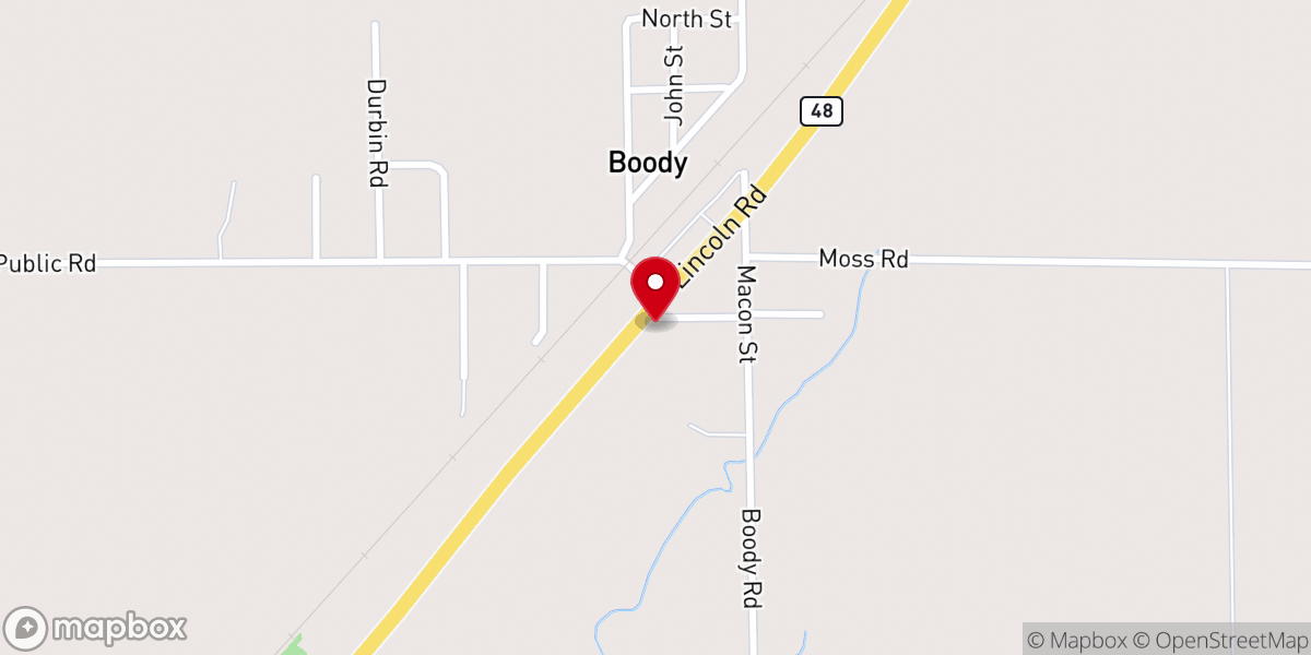 Map showing location of Prairie Built Barns Boody, IL