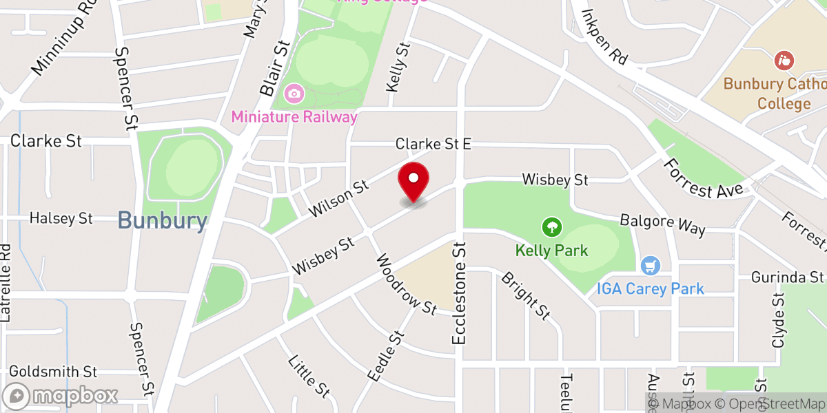 Map showing location of Bunbury Christian Church
