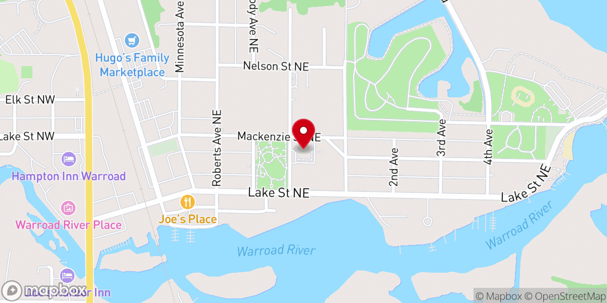 Map showing location of Warroad Community Church