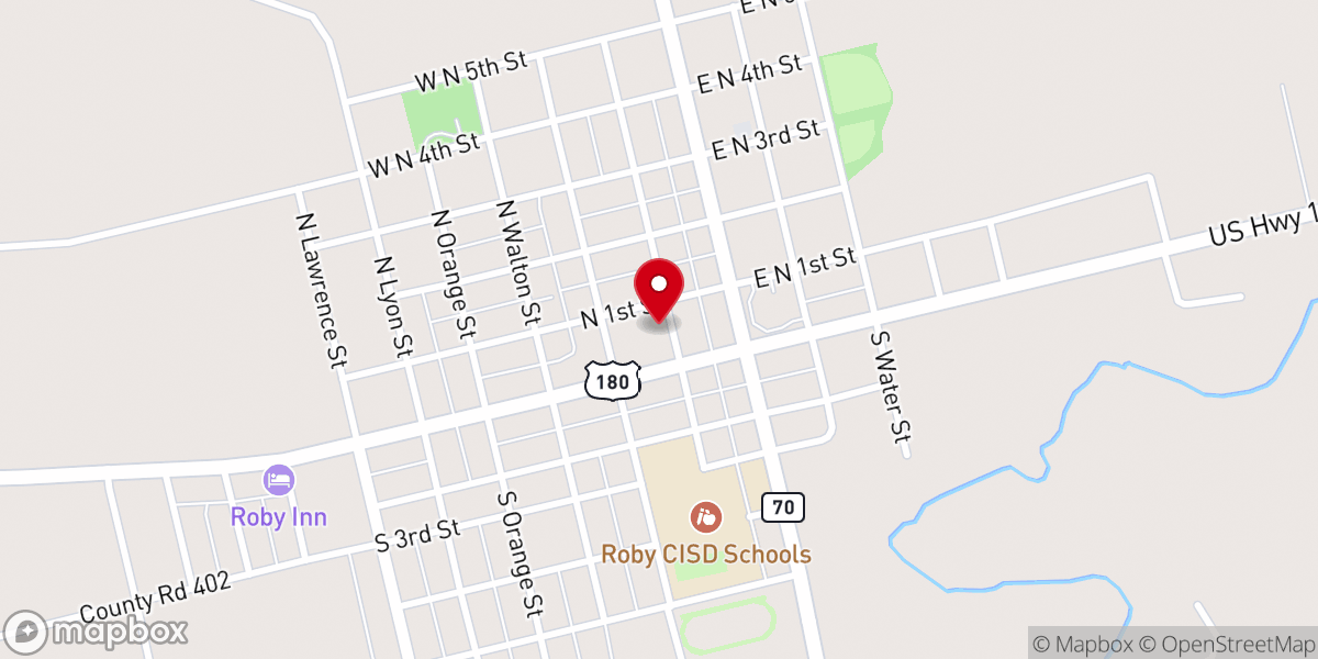 Map showing location of First Baptist Church of Roby
