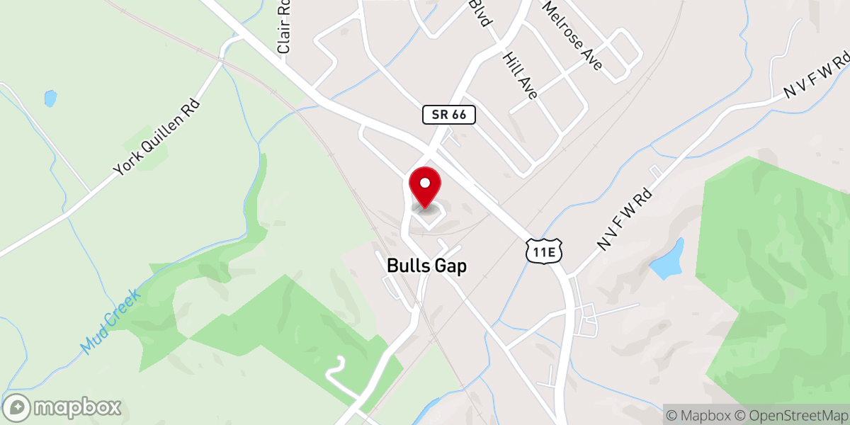 Map showing location of Bulls Gap Baptist Church