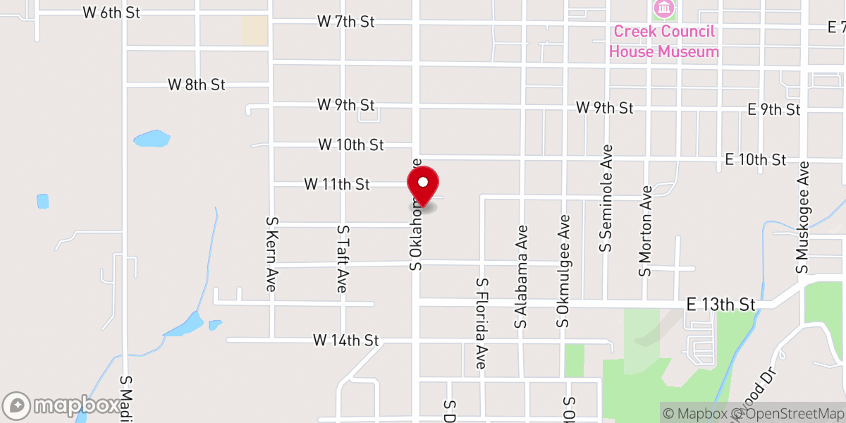 Map showing location of Okmulgee First Free Will Baptist Church