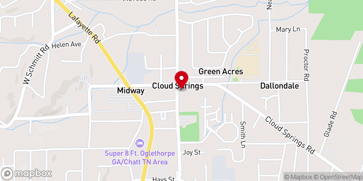 Map showing location of Cloud Springs Baptist Church