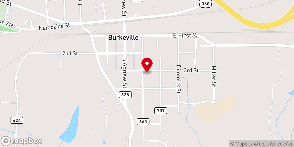 Map showing location of Burkeville Presbyterian Church
