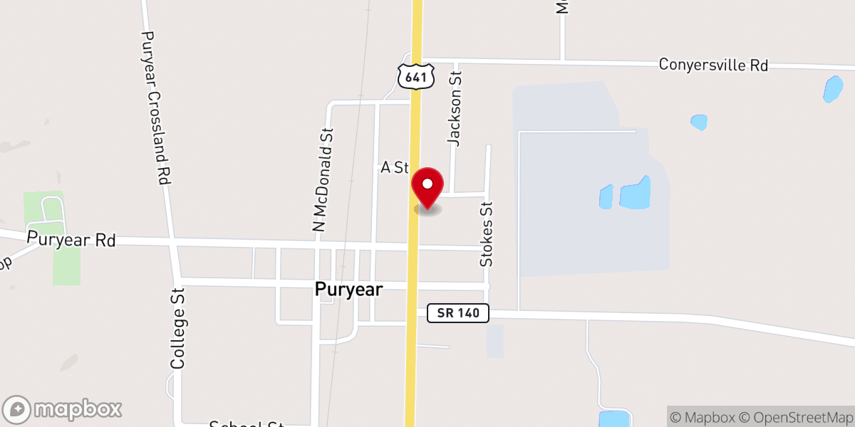 Map showing location of Puryear Baptist Church