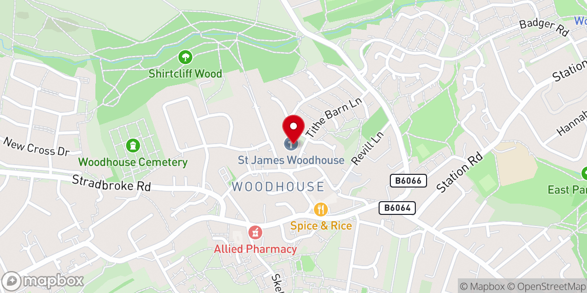Map showing location of St James Church : Woodhouse