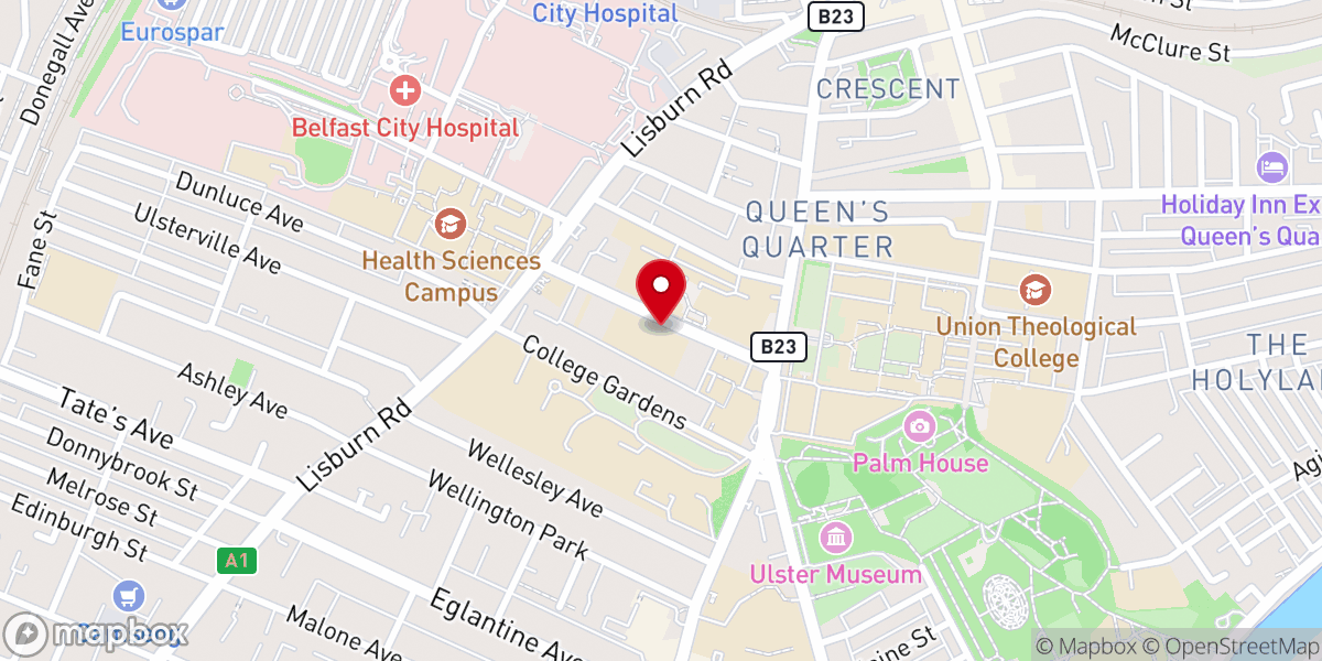 Map showing location of The Hub Belfast (Church of Ireland & Methodist Chaplaincy)