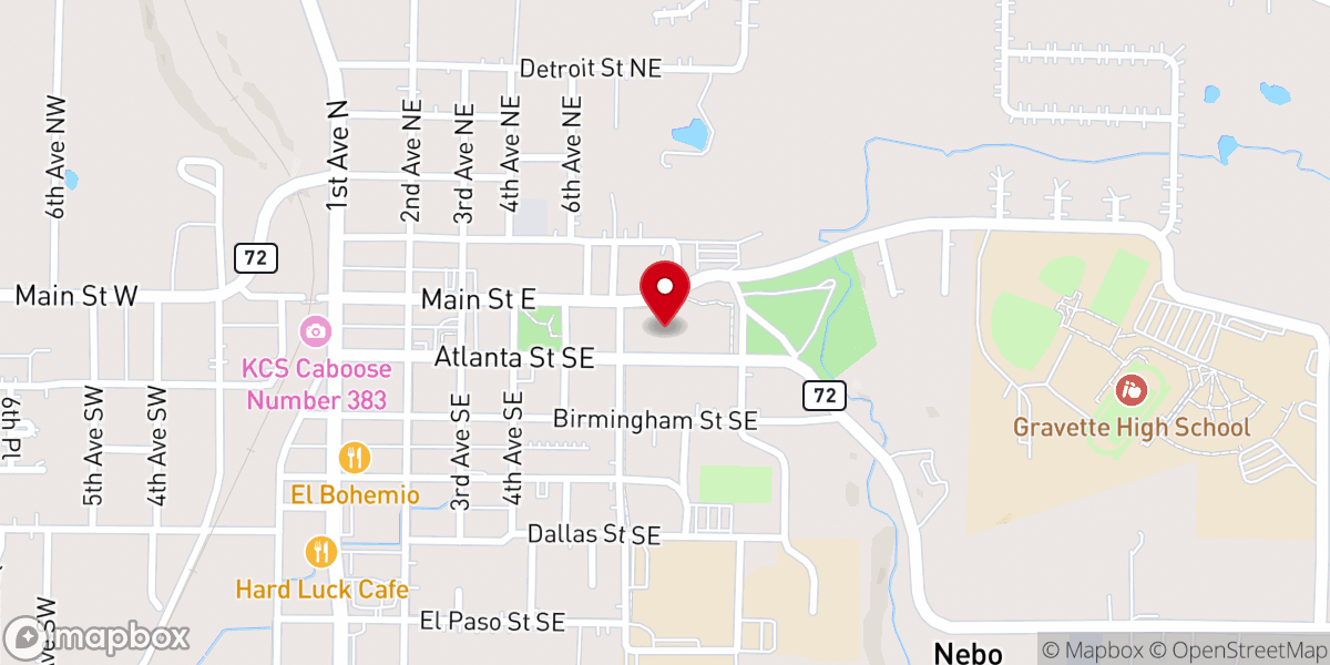 Map showing location of Gravette Holiness Bible School