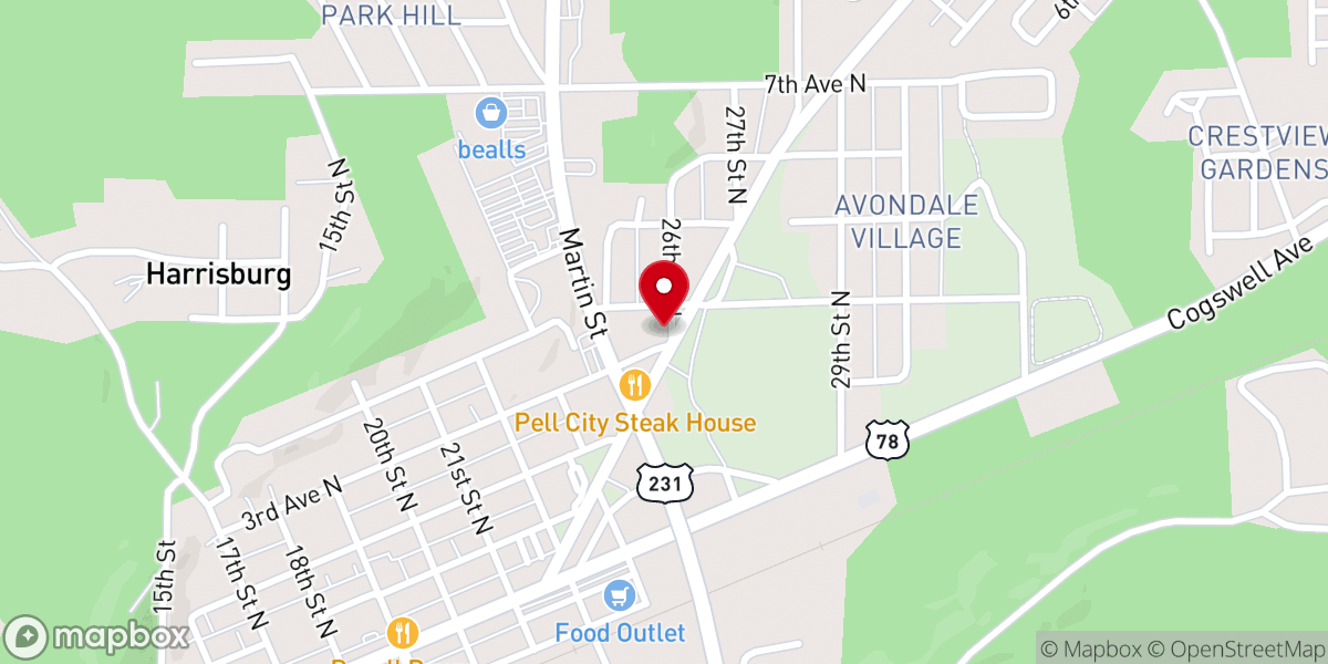 Map showing location of Pell City church of Christ