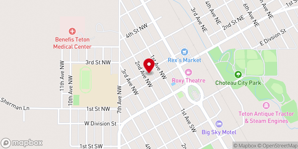 Map showing location of Choteau Baptist Church