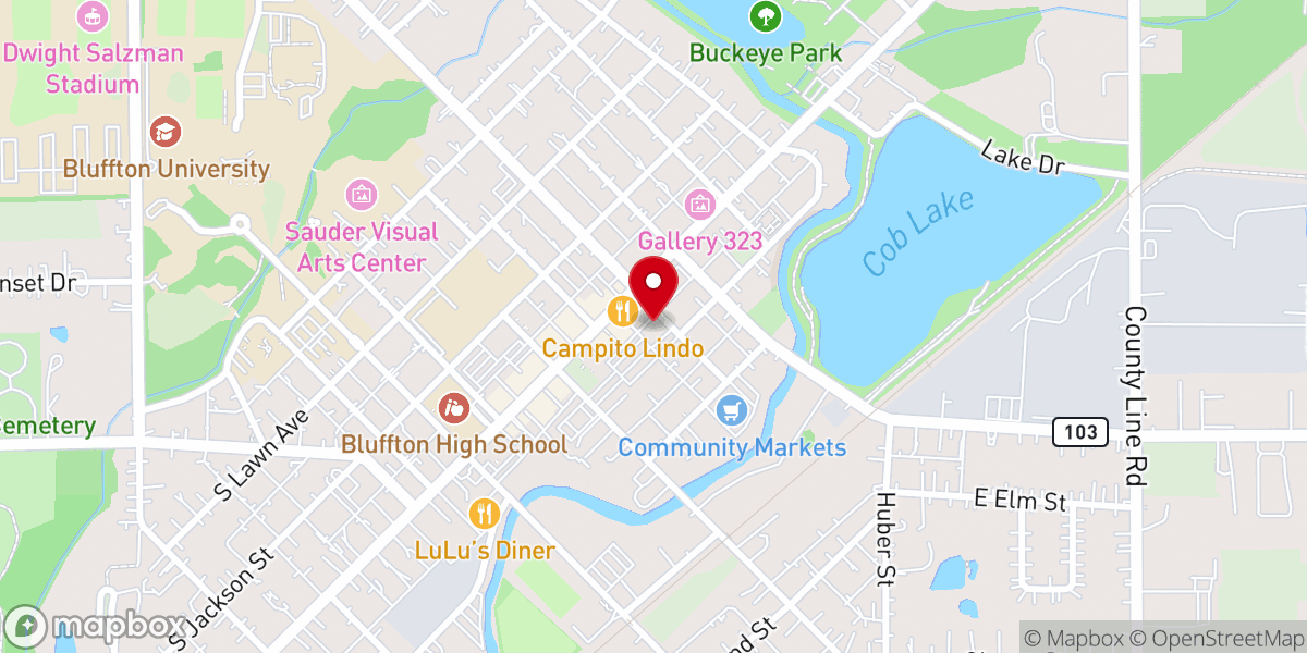 Map showing location of Stunning Church Apartment in downtown Bluffton. Only 25 min to Lima or Findlay.
