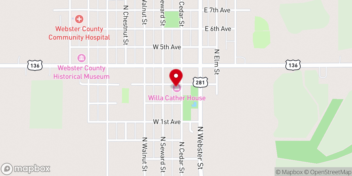 Map showing location of Willa Cather Childhood Home