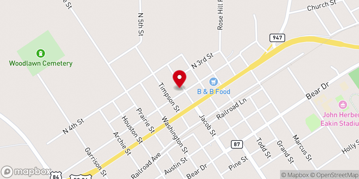 Map showing location of Timpson First Baptist Church