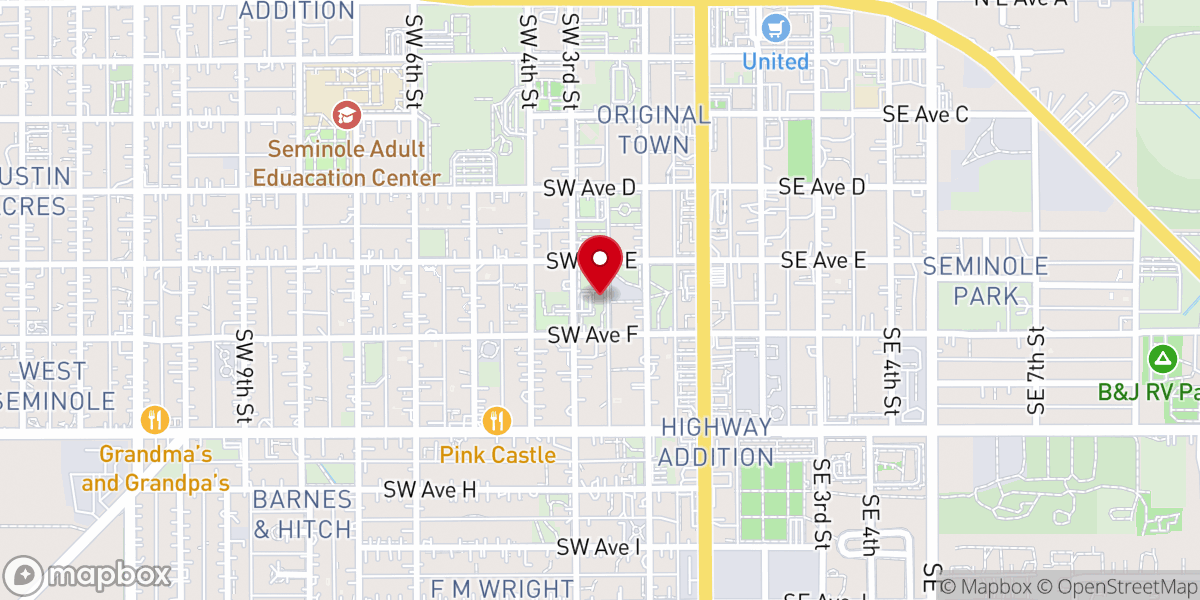 Map showing location of South Seminole Baptist Church