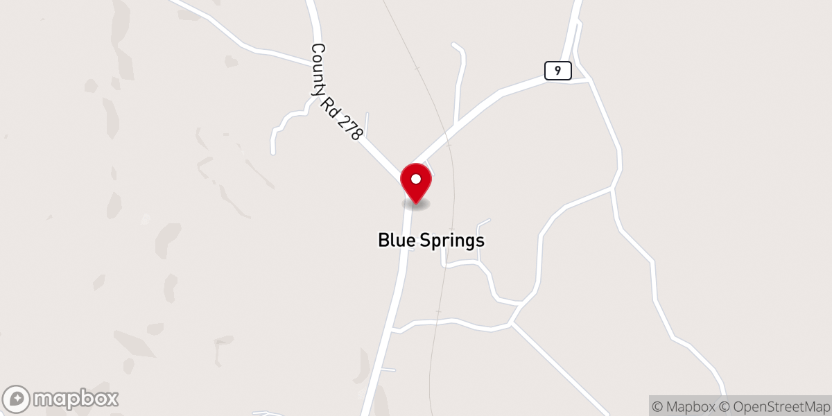 Map showing location of Blue Springs Town Hall
