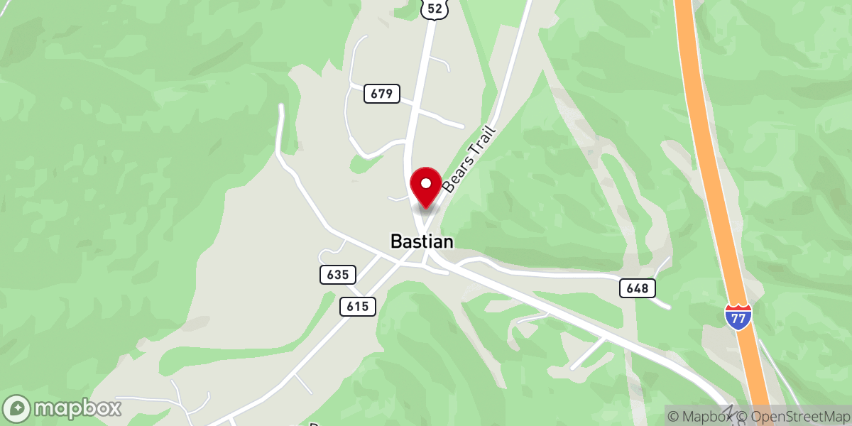 Map showing location of Bastian Union Church