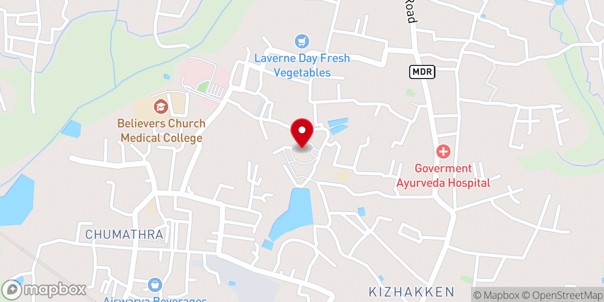 Map showing location of Believers Church Worship Center Thiruvalla