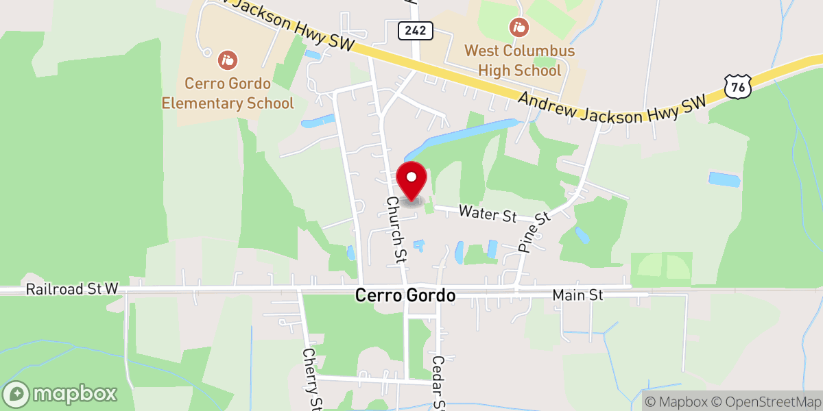 Map showing location of Cerro Gordo Baptist Church