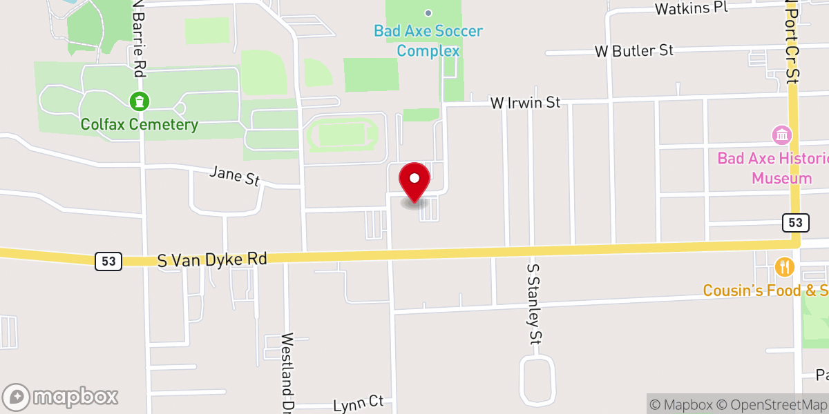 Map showing location of First Baptist Church of Bad Axe