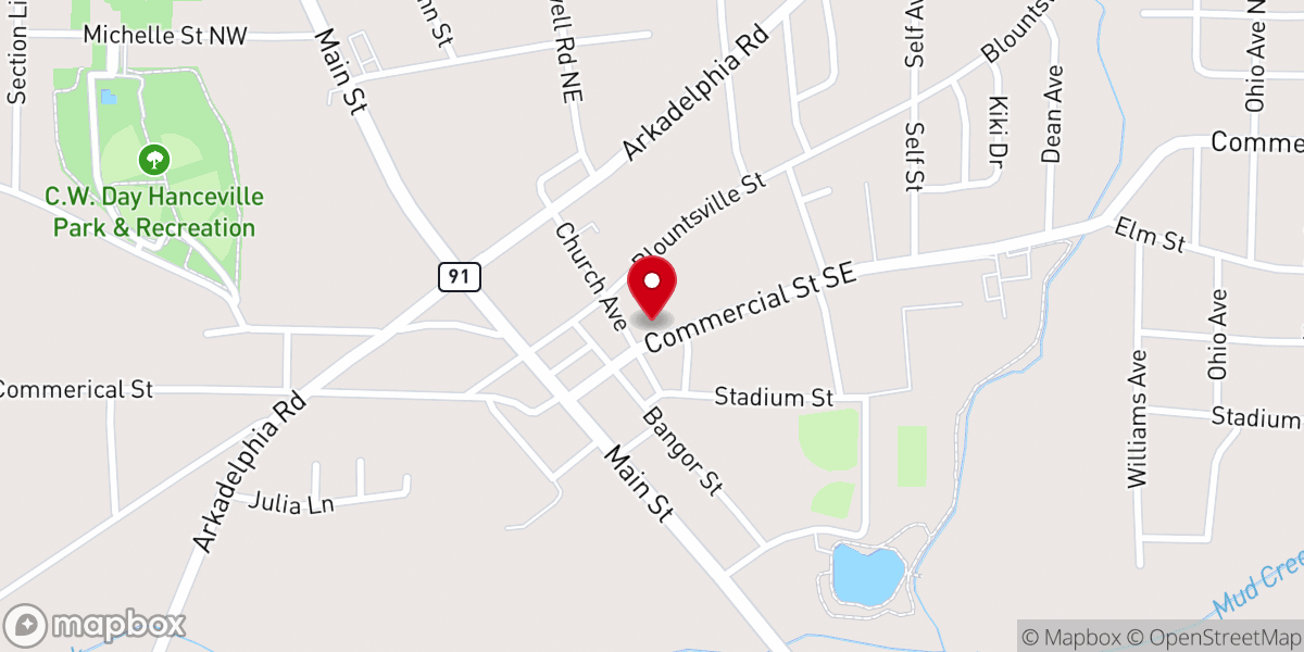 Map showing location of Hanceville First Baptist Church