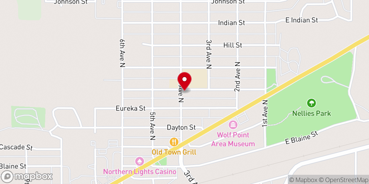 Map showing location of Wolf Point Assembly of God