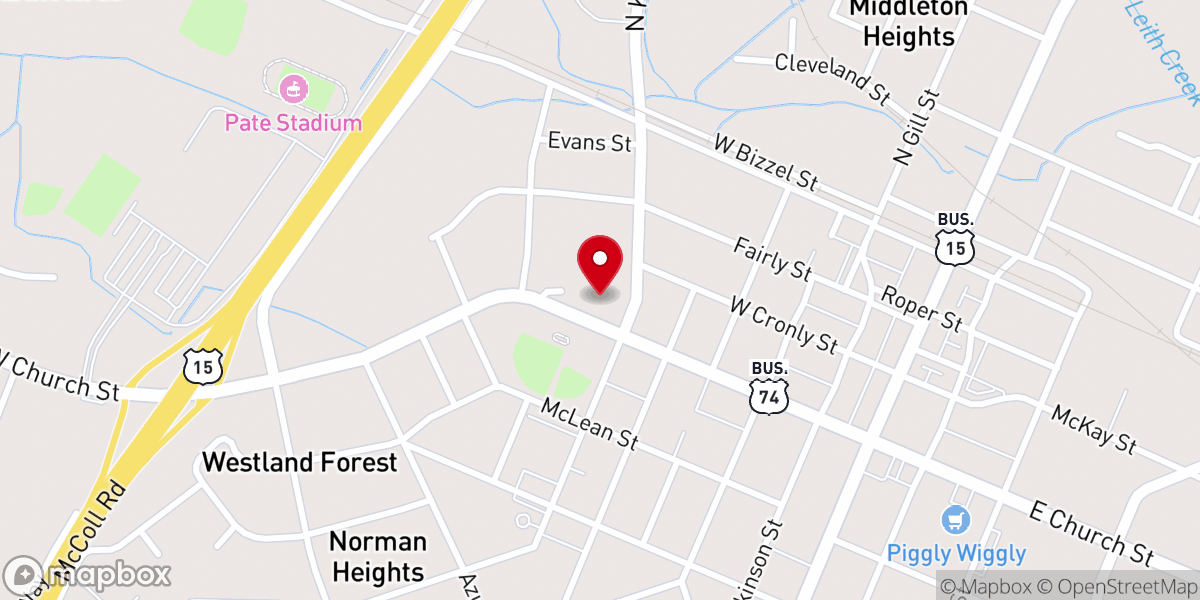 Map showing location of Laurinburg Presbyterian Church