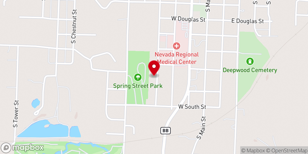 Map showing location of Nevada Free Will Baptist Church