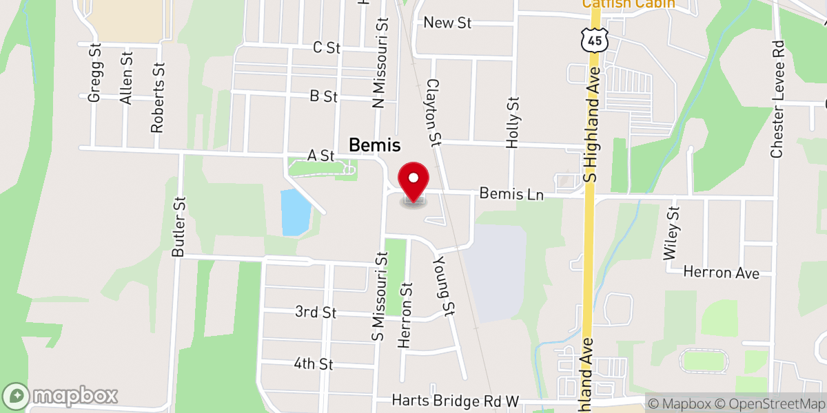 Map showing location of First Baptist Church of Bemis