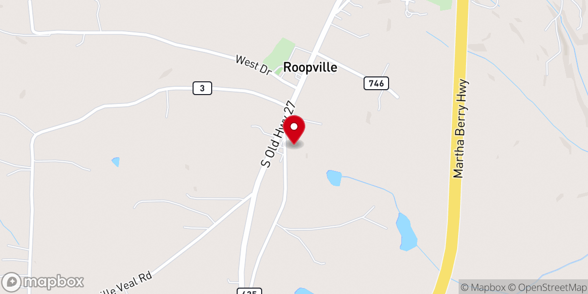 Map showing location of Roopville Baptist Church