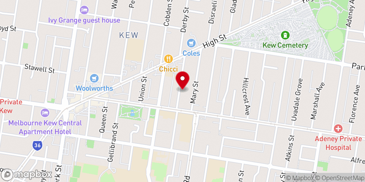 Map showing location of Kew Baptist Church