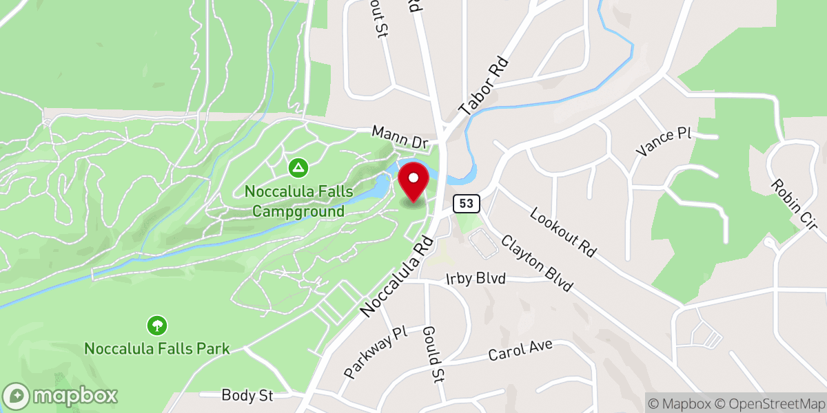 Map showing location of Noccalula Falls Park & Campground