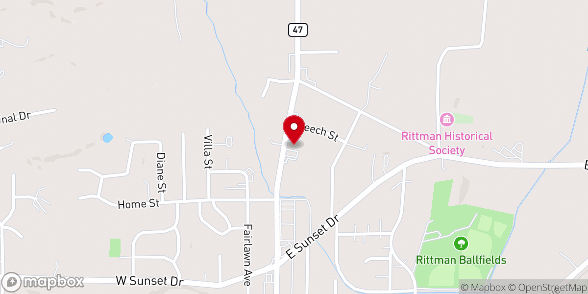Map showing location of Rittman Community Freewill Baptist Church