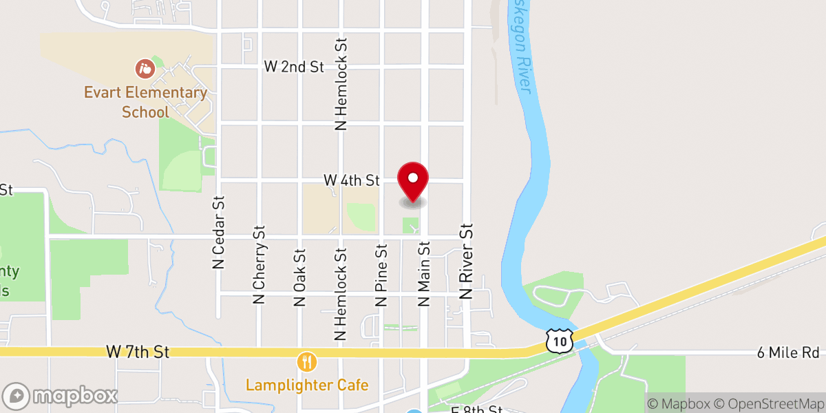 Map showing location of First Baptist Church of Evart