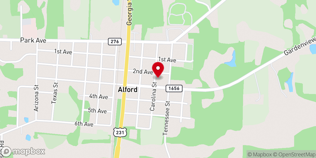 Map showing location of Alford Baptist Church