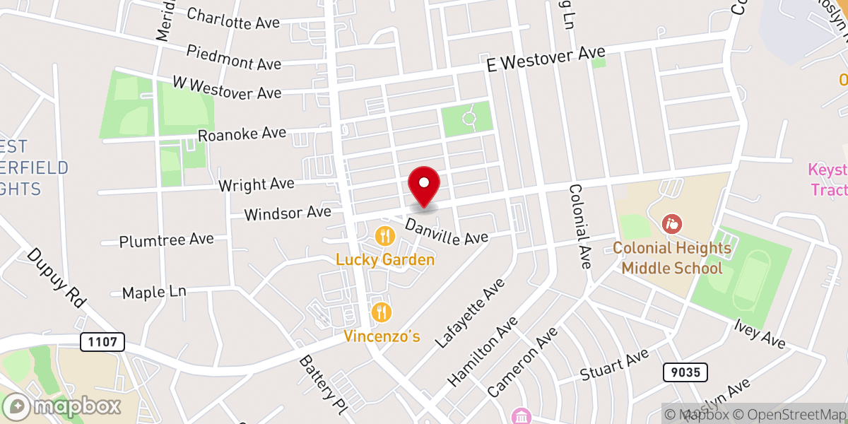 Map showing location of Colonial Heights Presbyterian