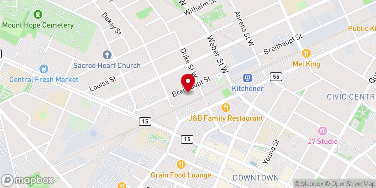 Map showing location of RCCG Healing Stream Centre, Kitchener, ON