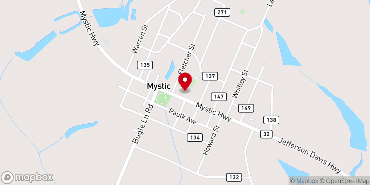 Map showing location of Mystic Baptist Church