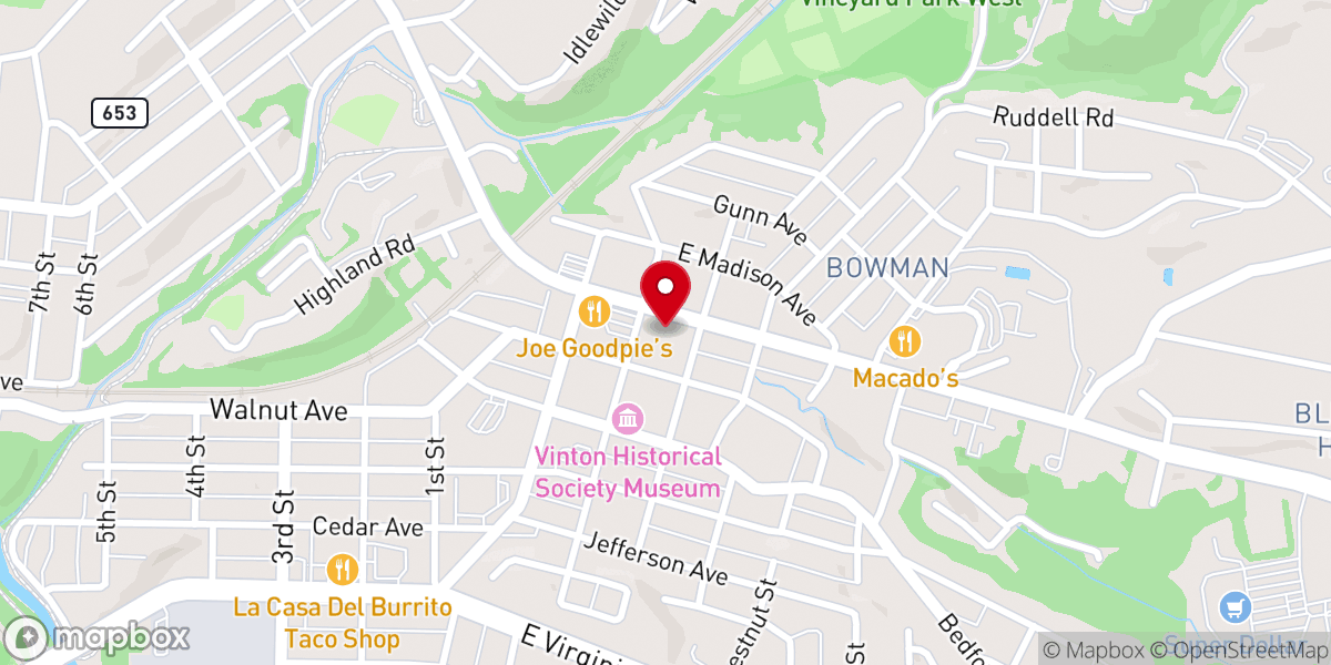 Map showing location of Vinton Baptist Church