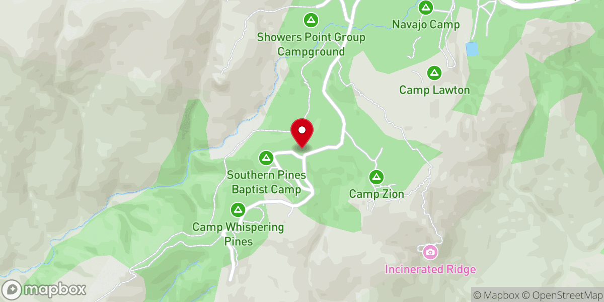 Map showing location of Southern Pines Baptist Camp
