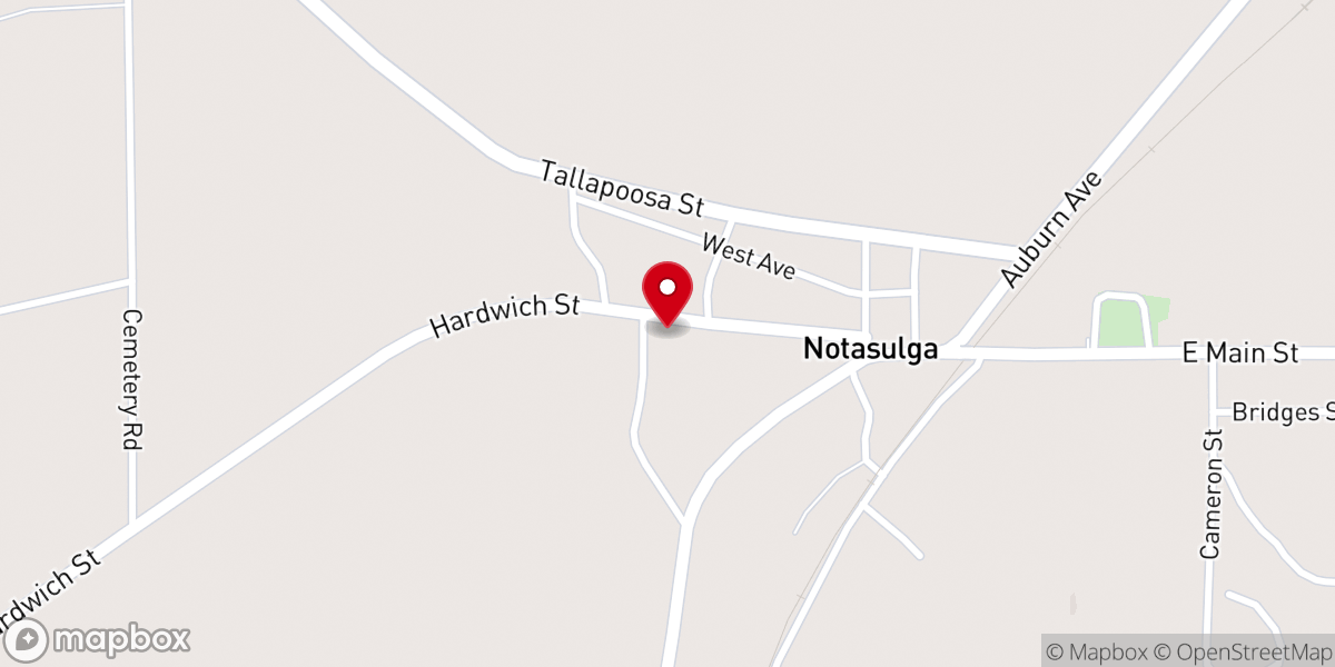 Map showing location of Notasulga First Baptist Church