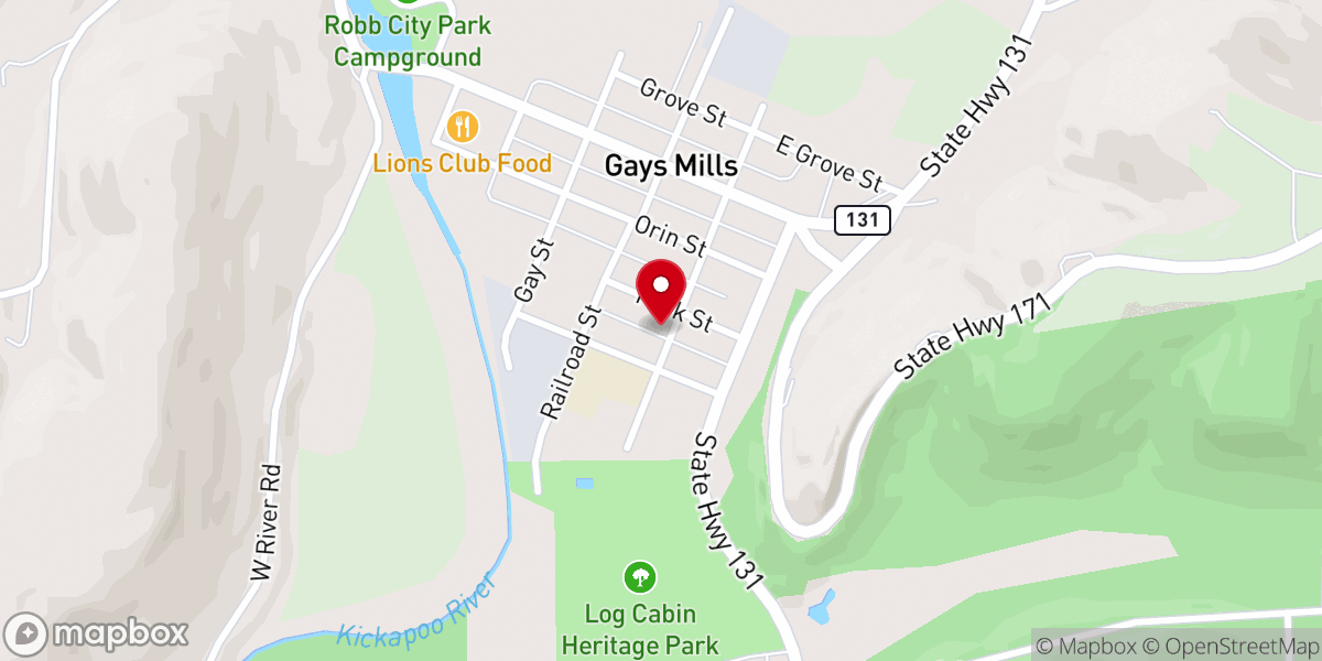 Map showing location of Back Roads Church Gays Mills