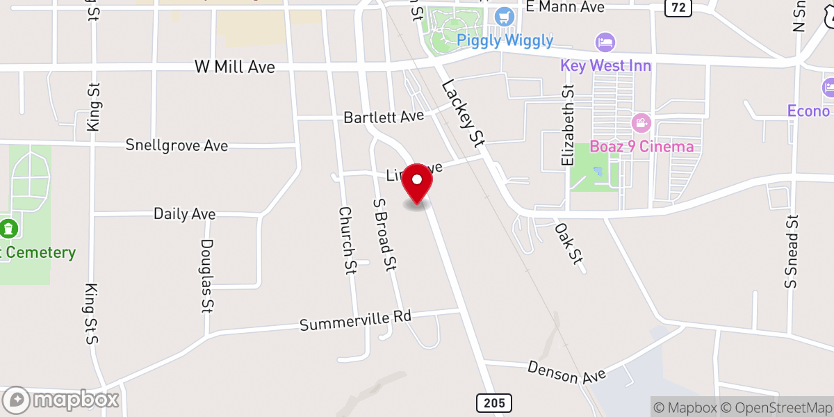 Map showing location of Boaz First Baptist Church