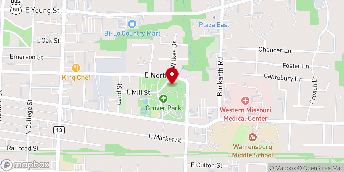 Map showing location of Baptist Student Union at University of Central Missouri