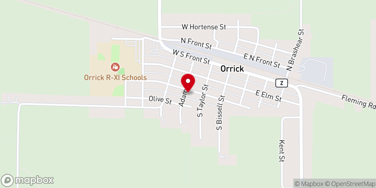 Map showing location of Orrick Baptist Church
