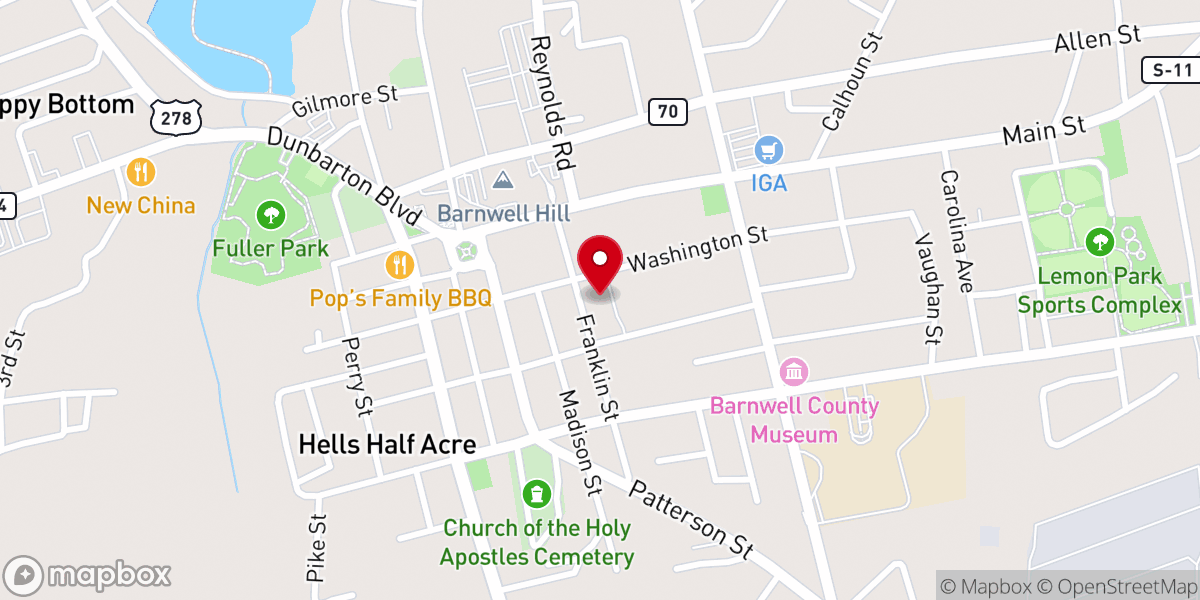 Map showing location of Barnwell Presbyterian Church