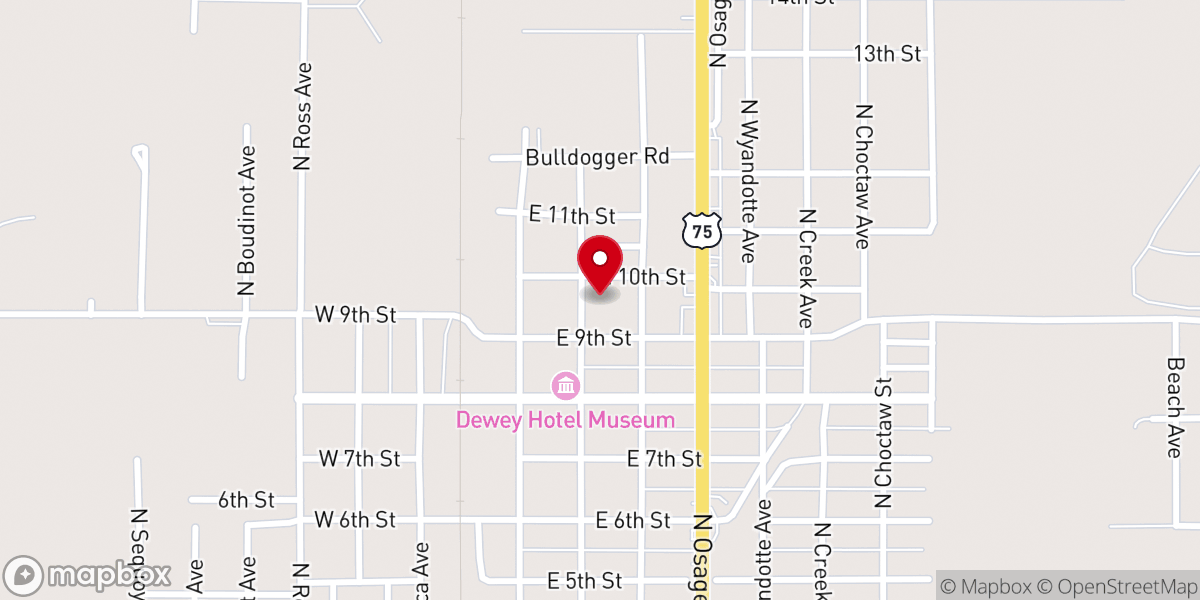 Map showing location of First Baptist Church of Dewey