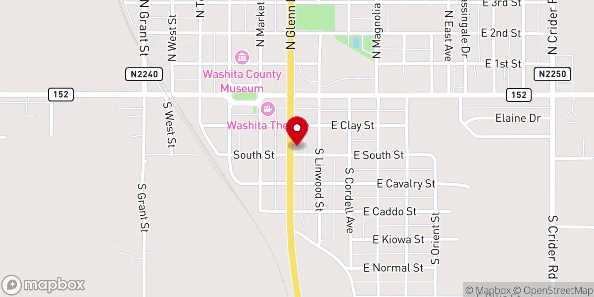 Map showing location of Cordell Masonic Lodge